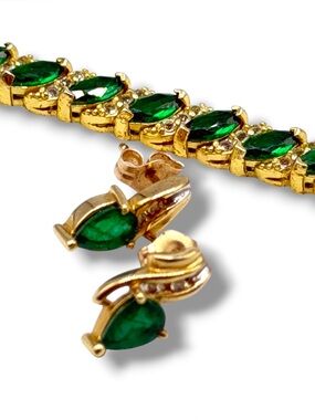 925 Gold-Tone Green gemstone Tennis Bracelet & Stud Earrings Set dainty Jewelry